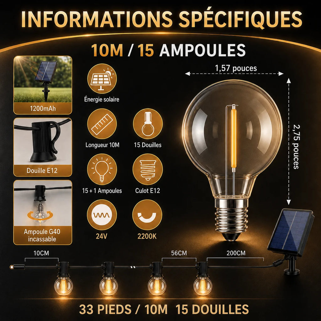 Guirlande LED Solaire G40 Extérieure – Lumière Guinguette Étanche pour Terrasse