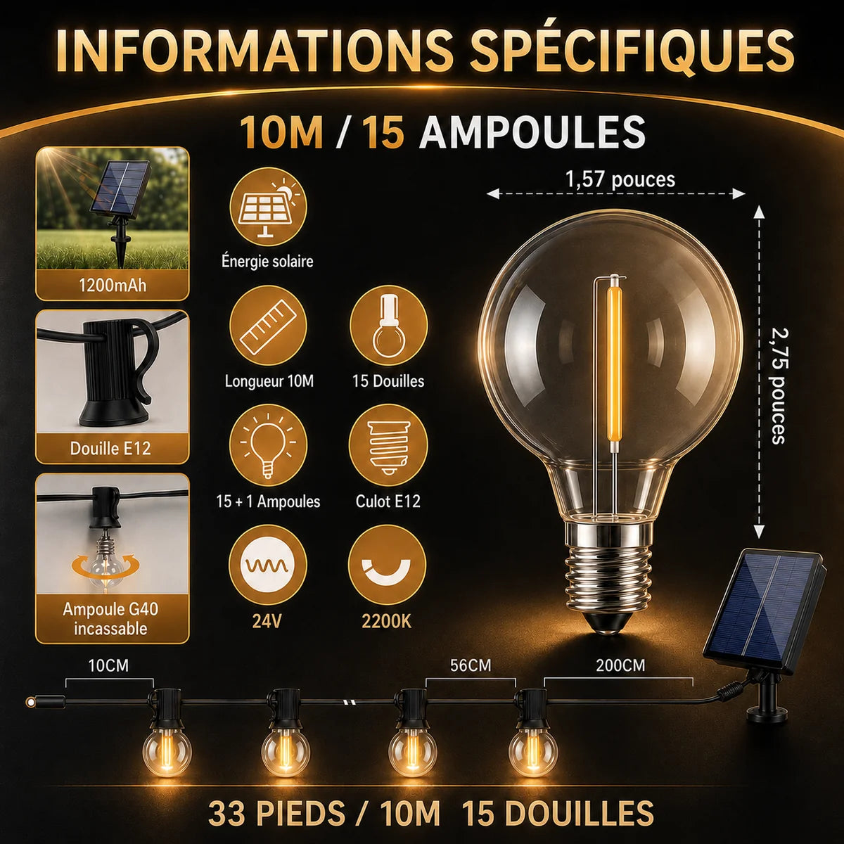 Guirlande LED Solaire G40 Extérieure – Lumière Guinguette Étanche pour Terrasse