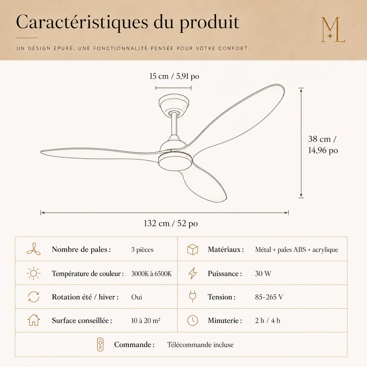 Ventilateur de Plafond 132 cm avec LED – Silencieux, Télécommande, Intérieur/Extérieur