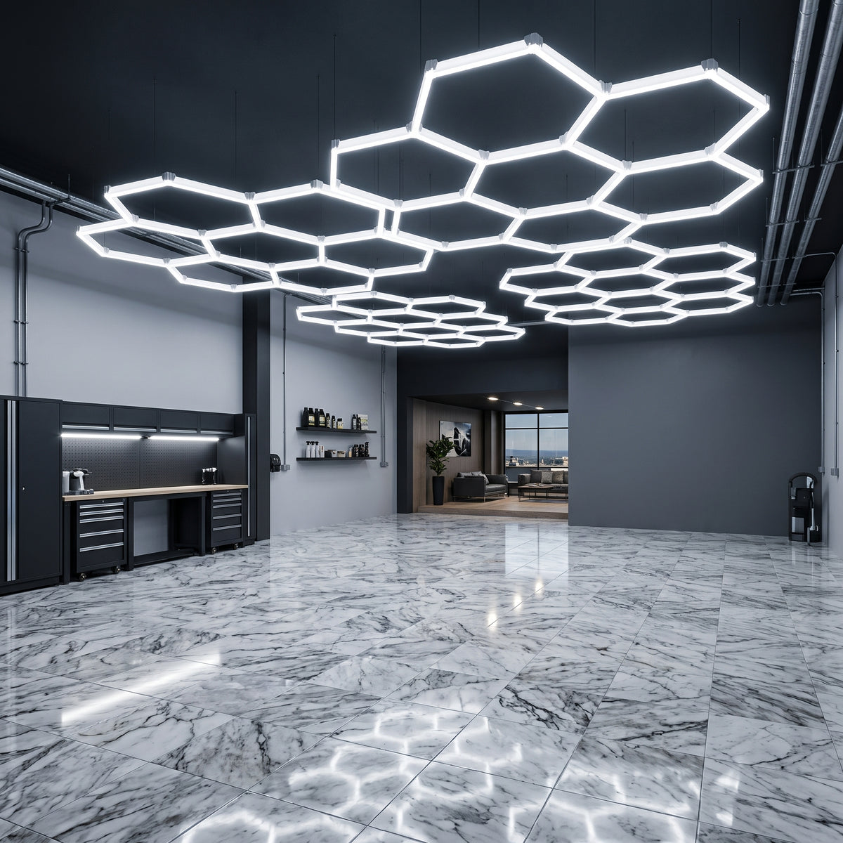 Plafonnier LED Hexagone Alvéolé - Luminaire Pour Garage Automobile