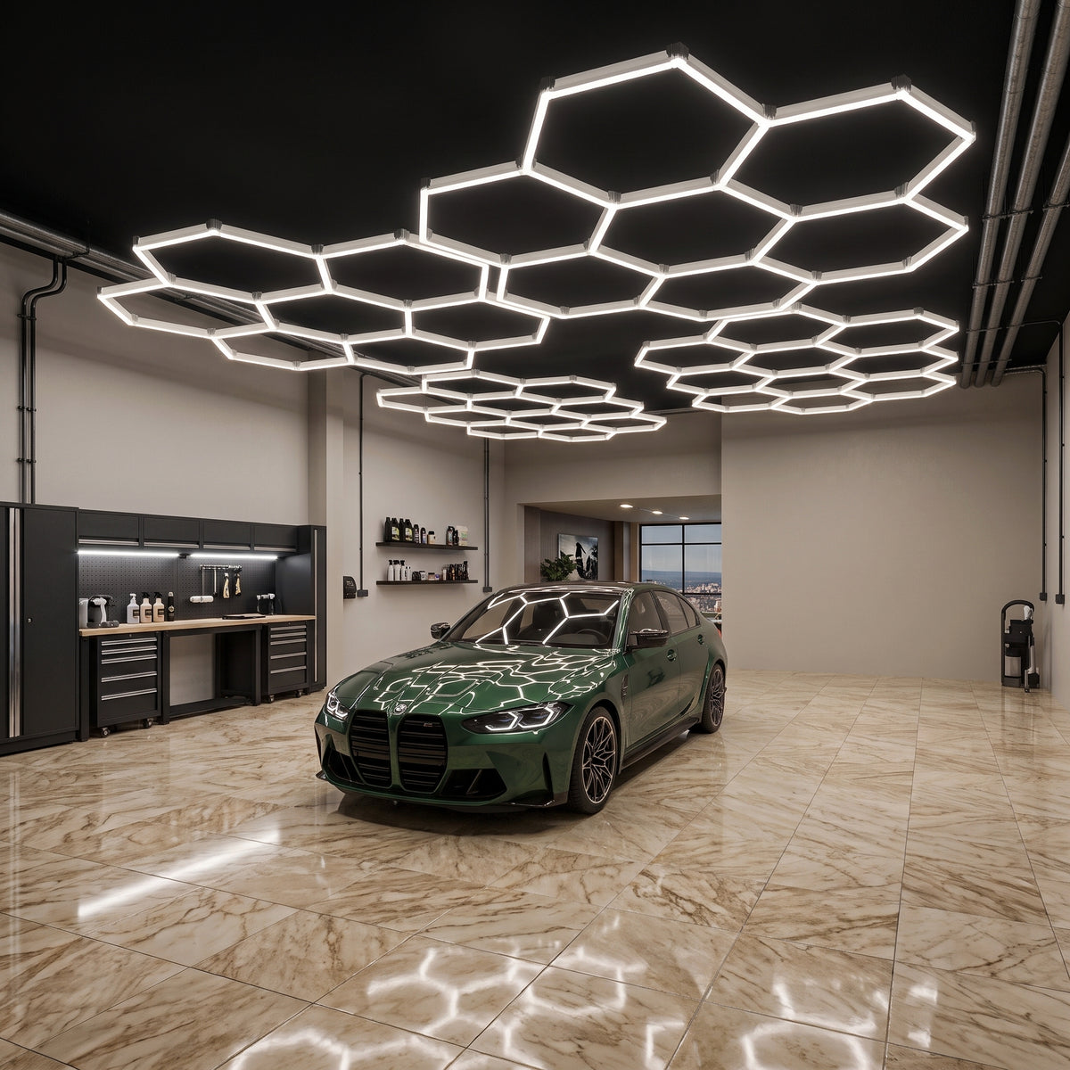 Plafonnier LED Hexagone Alvéolé - Luminaire Pour Garage Automobile