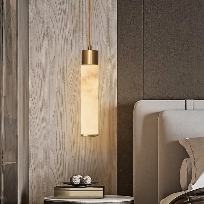 Suspension Cylindrique en Albâtre / Marbre - Éclairage Chic Îlot Cuisine