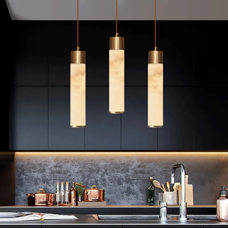 Suspension Cylindrique en Albâtre / Marbre - Éclairage Chic Îlot Cuisine