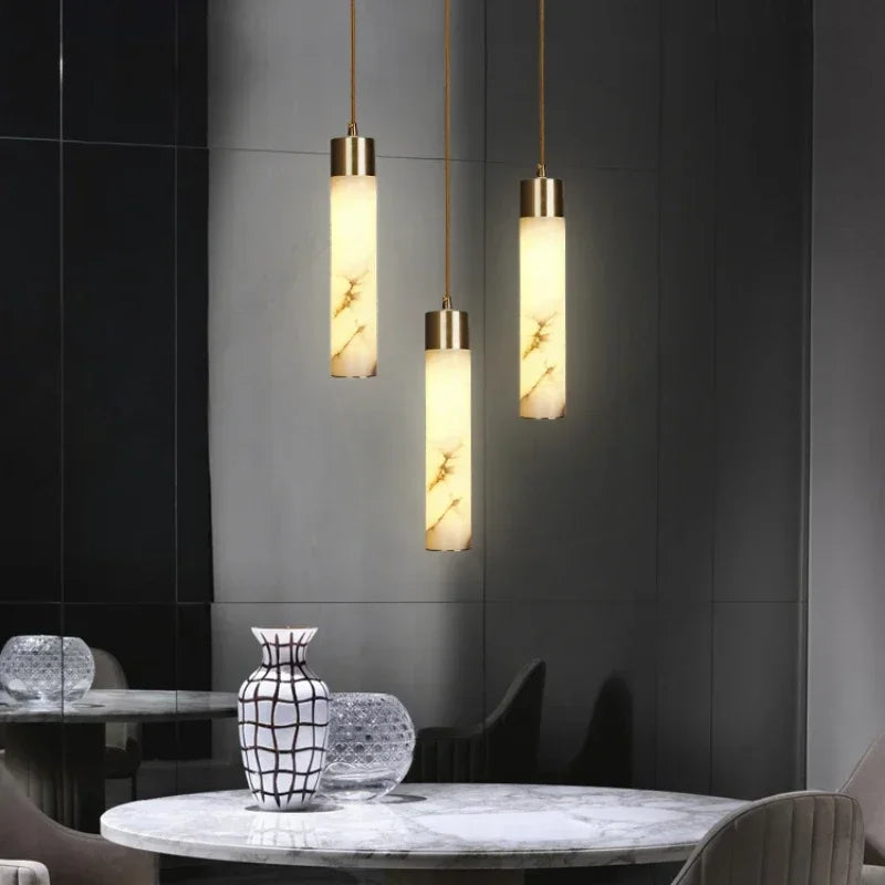 Suspension Cylindrique en Albâtre / Marbre - Éclairage Chic Îlot Cuisine