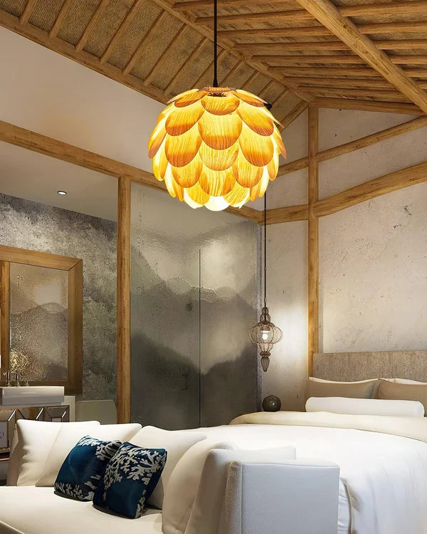 Suspension Boule en Placage Bois Écailles – Luminaire Scandinave