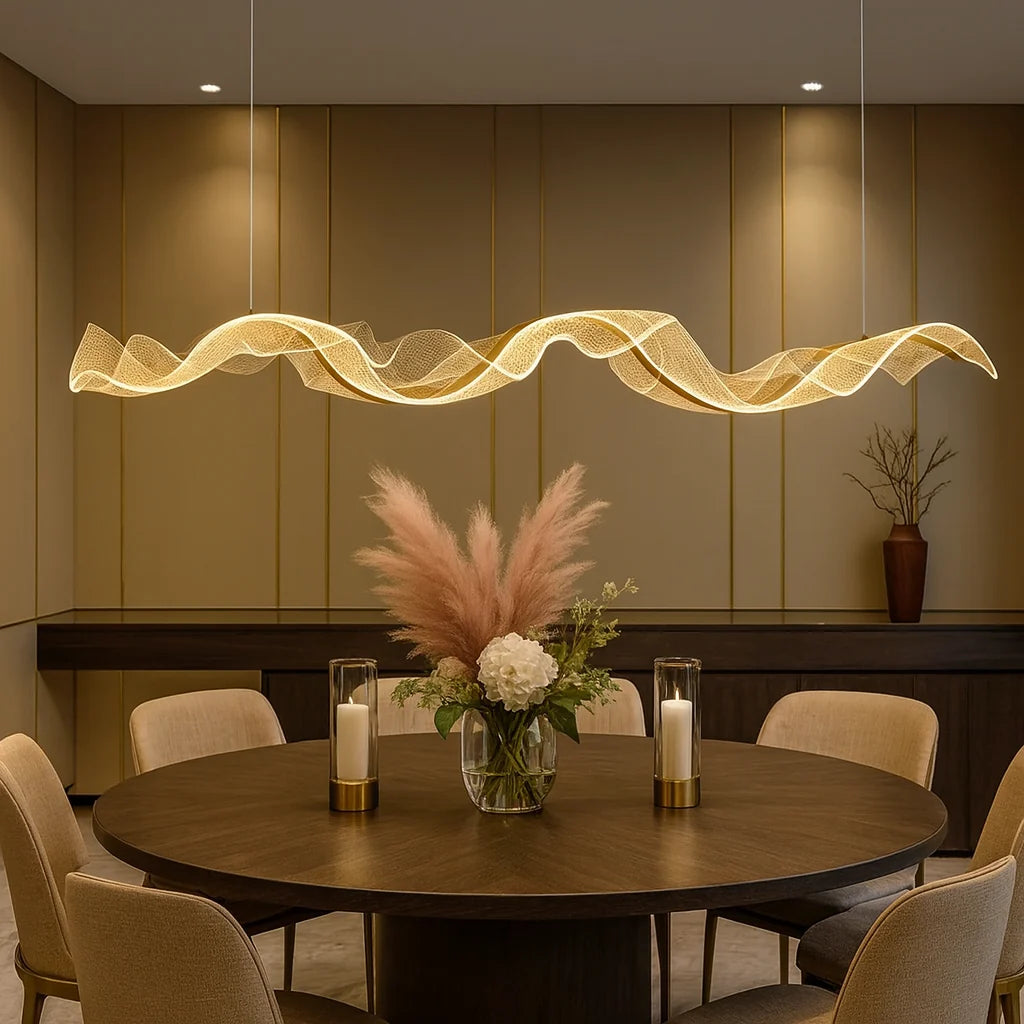 Suspension LED Vague Dorée – Design Ondulé