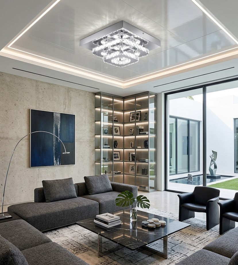 Plafonnier Lustre LED Carré en Cristal et Chrome Mes Luminaires