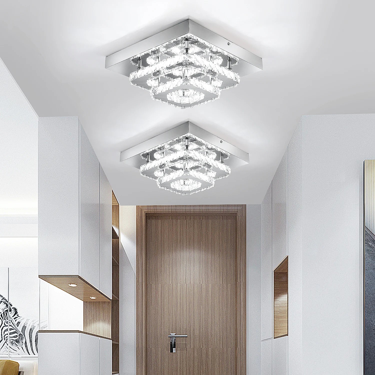 Plafonnier Lustre LED Carré en Cristal et Chrome Mes Luminaires
