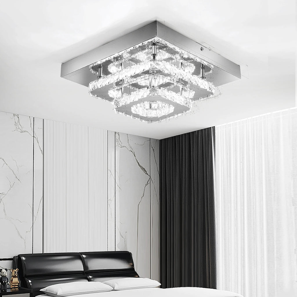 Plafonnier Lustre LED Carré en Cristal et Chrome Mes Luminaires