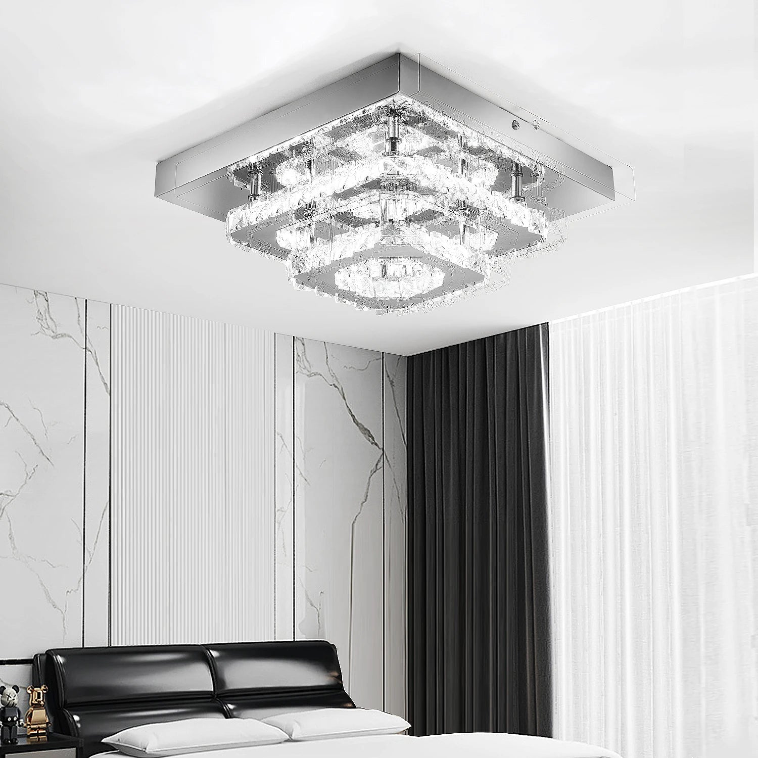 Plafonnier Lustre LED Carré en Cristal et Chrome Mes Luminaires