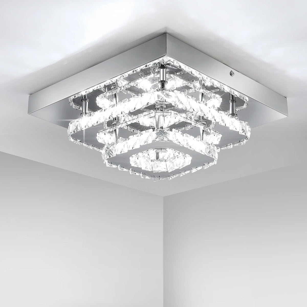 Plafonnier Lustre LED Carré en Cristal et Chrome Mes Luminaires