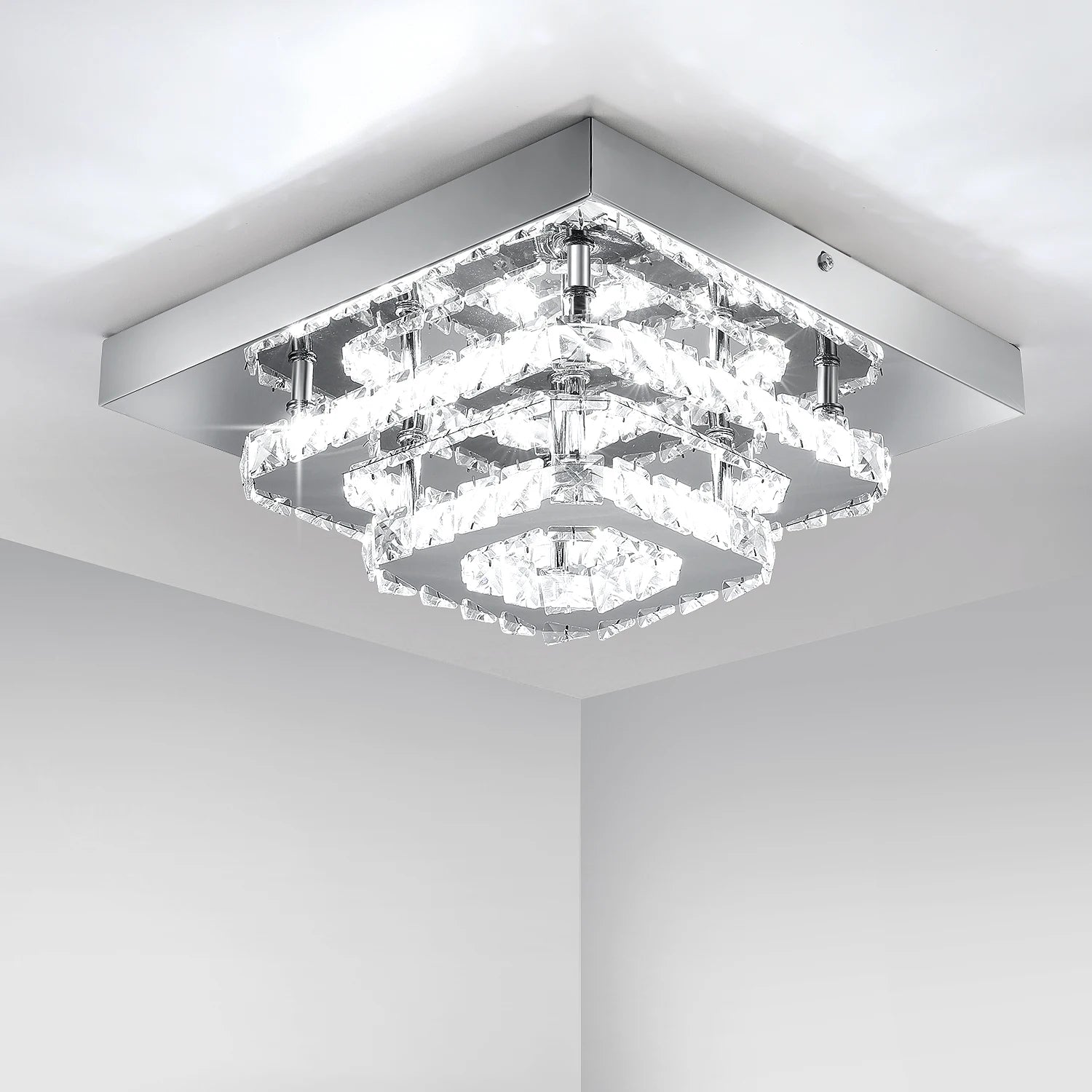 Plafonnier Lustre LED Carré en Cristal et Chrome Mes Luminaires