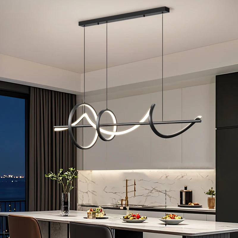 Suspension LED pour Îlot de Cuisine Design – Lustre Linéaire Noir à Cercles Mes Luminaires