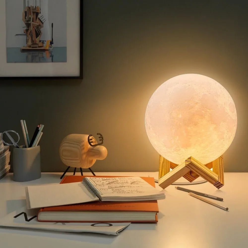 Veilleuse de Nuit "Pleine Lune" – Globe Lumineux 3D et Support en Bois Naturel Mes Luminaires